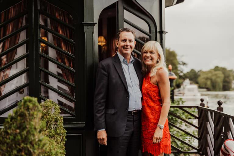 Couple celebrating their wedding at The Waterside Inn,Ferry Road, Bray, Maidenhead