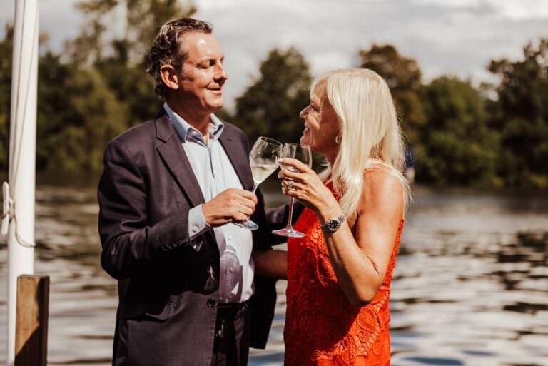Couple celebrating their wedding at The Waterside Inn,Ferry Road, Bray, Maidenhead